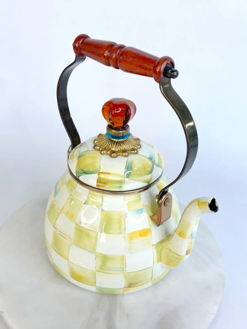 Authentic MacKenzie-Childs Parchment Check 2QT Tea Kettle Blue Ring - Rare / Ret